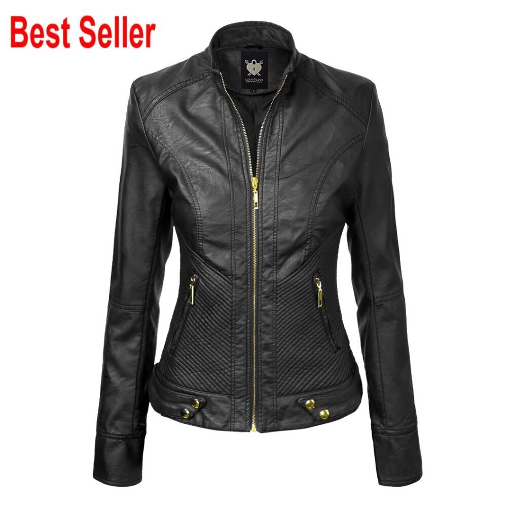 Slim Fit Vegan Leather Moto Jacket Women's PU Biker Coat